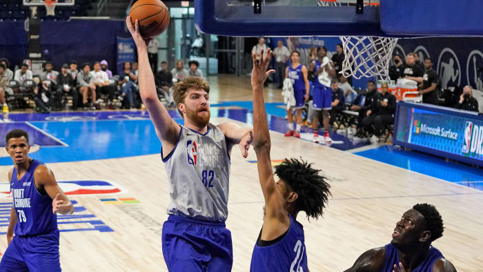 Gonzaga’s Drew Timme shoots at the NBA combine